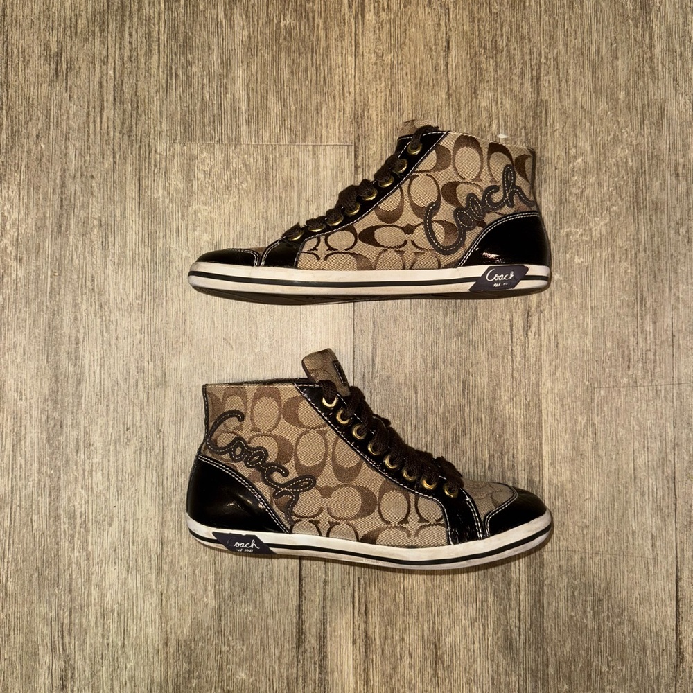 Coach Brown Logo High-Top Sneakers with Black Trim